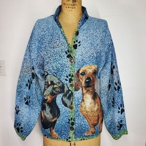 Sugar Street Weavers Sze L Jacket Dogs Dachshund Puppy Hand Woven Vintage Button